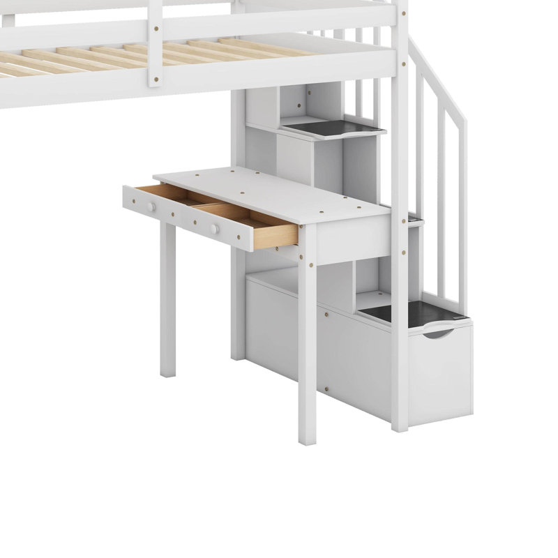 Lit mezzanine simple avec 4 tiroirs, bureau, tablettes et escaliers