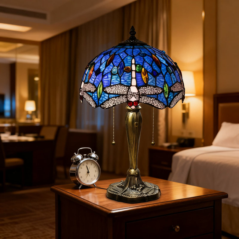 Lampe de table de style Tiffany avec abat-jour en verre coloré libellule bleue, lampe fabriquée à la main de 12 pouces pour la décoration de la chambre à coucher et du salon, ampoule incluse