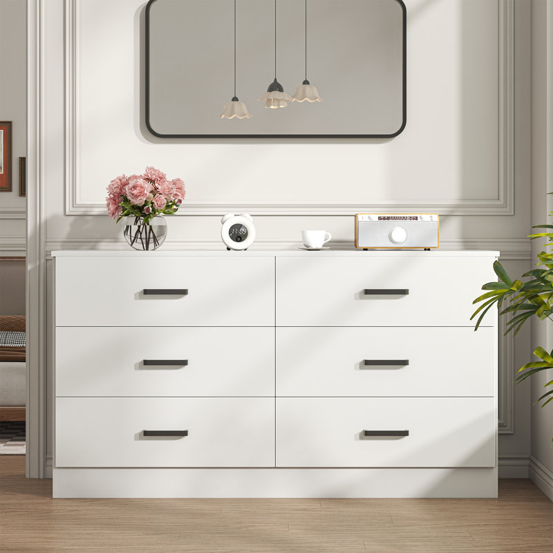 Commode en bois pour chambre à coucher, commode double à 6 tiroirs, commode moderne à tiroirs profonds, grand rangement pour le salon, garde-robe, P 15,8 po x l 47,2 po x H 27,7 po (blanc)