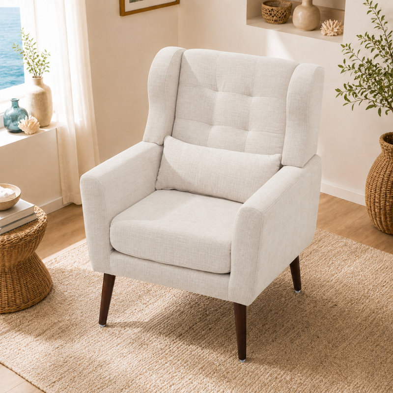 Chaise d'appoint moderne, fauteuils en chenille pour le salon, fauteuil rembourré Mordern, chaise longue rembourrée et confortable dans un petit espace, chambre à coucher, avec coussin, pieds en bois massif
