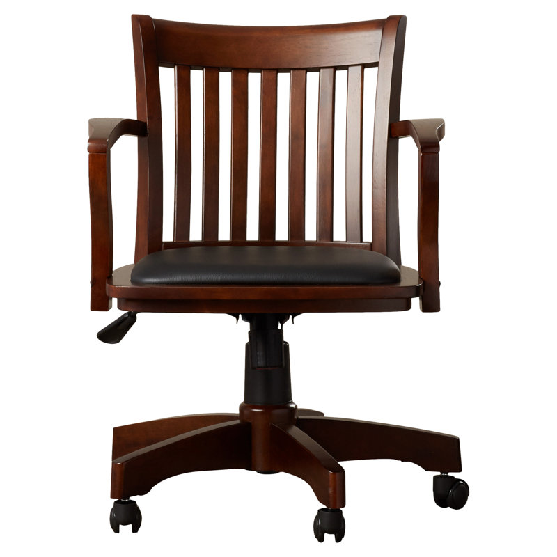 Espresso Wood Banker's Desk Chair with Black Vinyl Seat