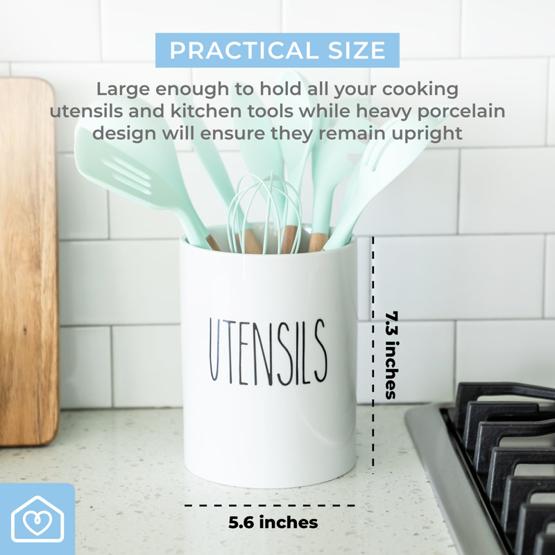 Farmhouse White Ceramic Utensil Holder – Large Countertop Crock for Kitchen Tools, Modern Minimalist Organizer