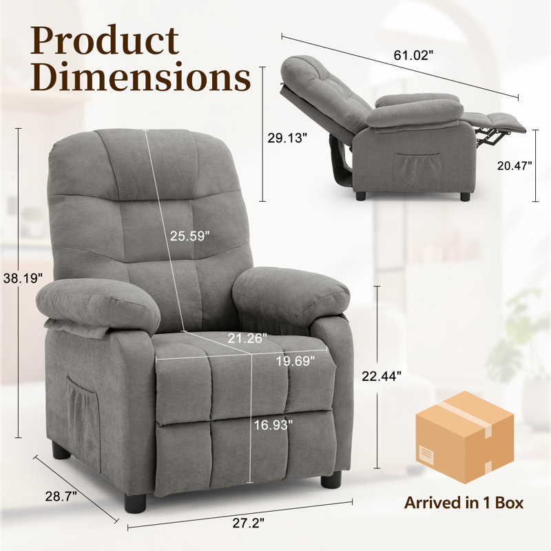KORSER Recliner Chair, Pushback  Recliner For Living Room, Small Recliner For Small Space, Side Pockets, Light Gray