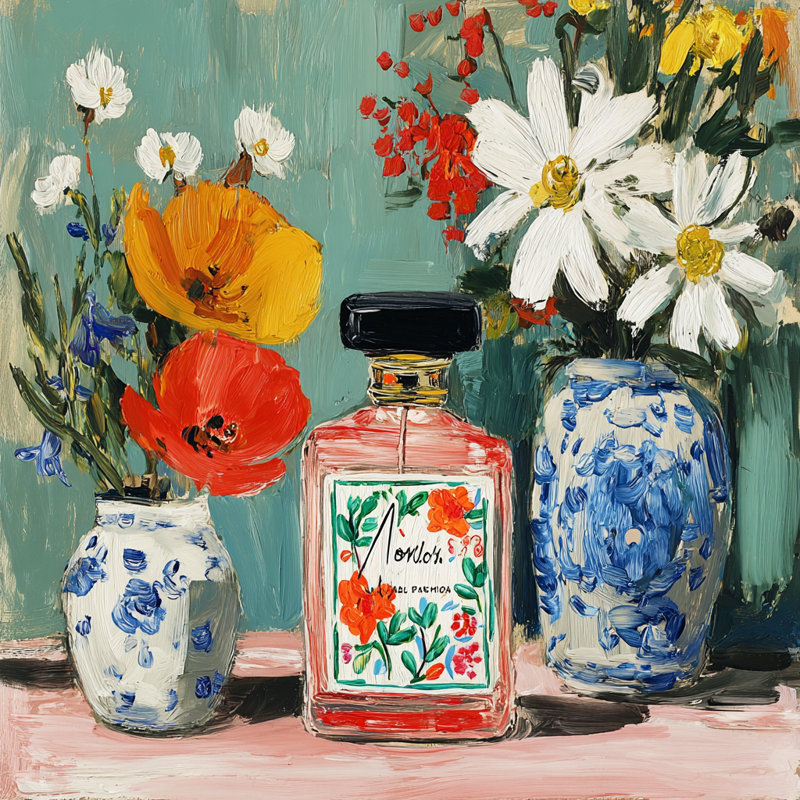 Art floral sur toile avec bouteille de parfum et vases, H 40 po x l 40 po x P 1,5 po