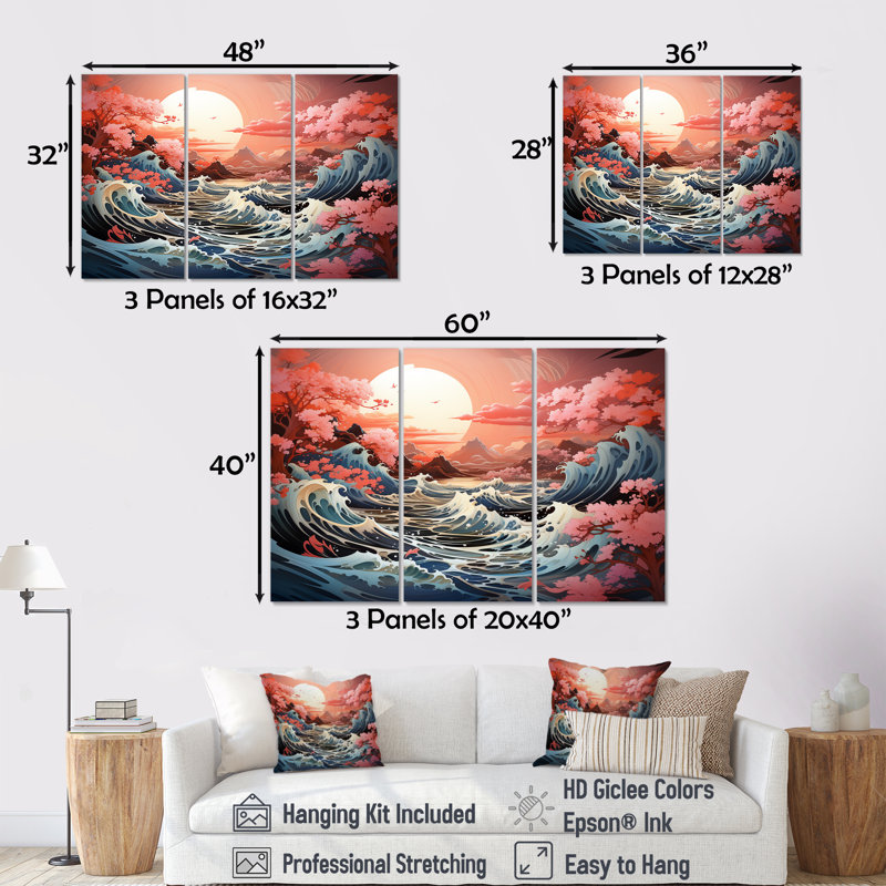 Paysage de tempête océan japonais II - ensemble de décorations murales tempêtes, Toile tendue, H 32 po x l 48 po x P 1 po