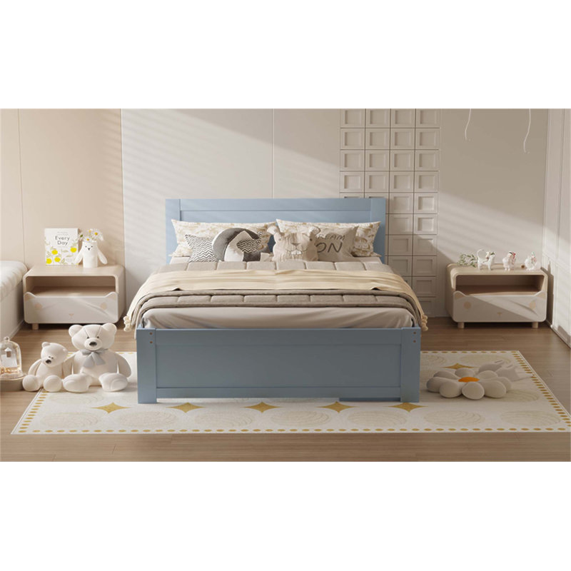 Lit plateforme double avec tiroir et deux tablettes, combinant rangement et confort pour une chambre à coucher propre et élégante