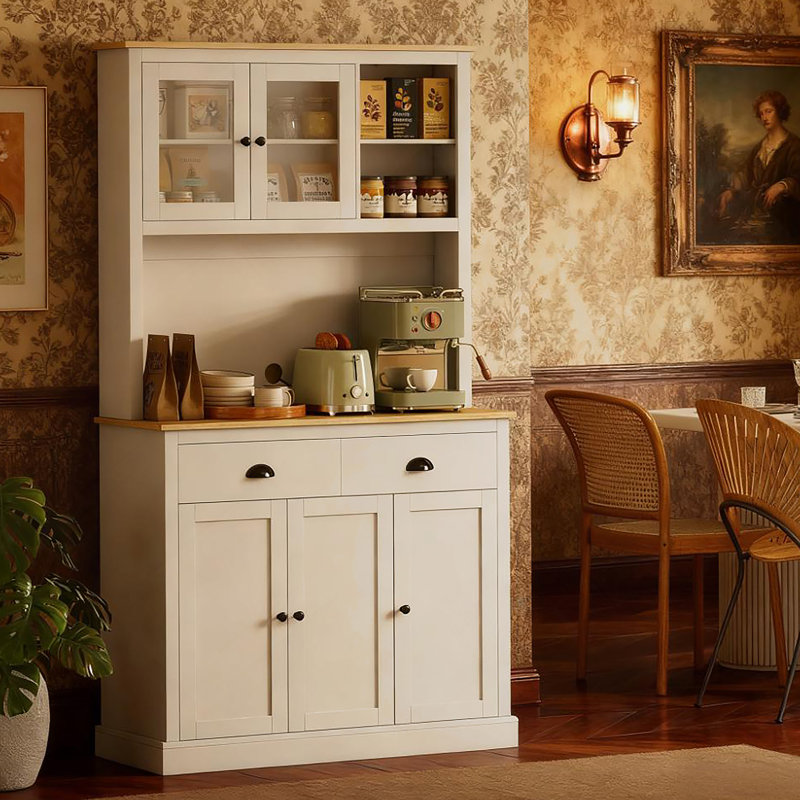 Armoire de cuisine autoportante, cadre décoratif en bois, Blanc