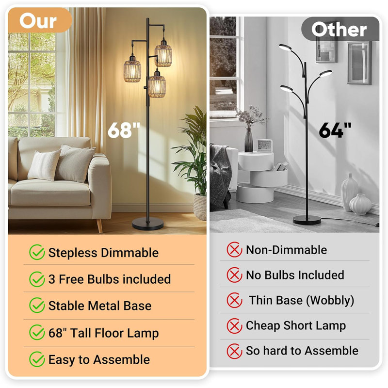 68" Dimmable Boho Floor Lamp - 3 Light Farmhouse Rattan Design With 3X6W Led Bulbs, Industrial Tree Floor Lamp For Living Room, Bedroom, Lampshades