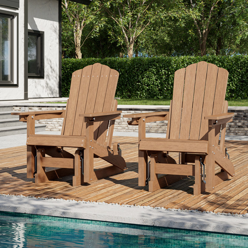 HDPE Glider Adirondack Chair, Wood-Like Glider Rocking Chair, 3-Position Adjustable Fire Pit Chair with Cup Holder for Lawn, Deck, & Poolside