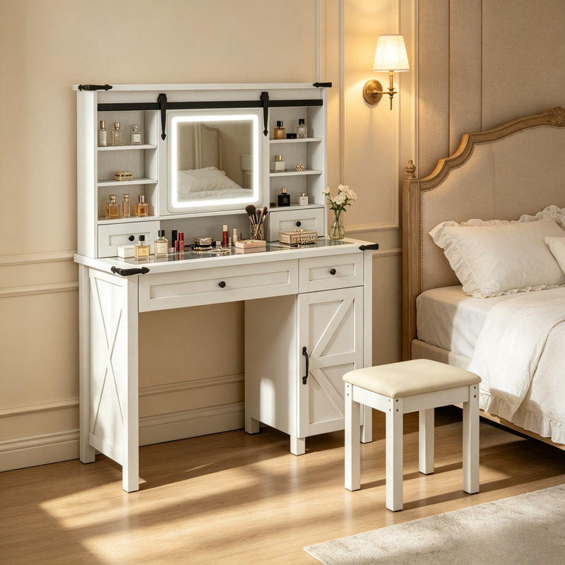 Console de beauté moderne, ensemble de coiffeuse avec miroir à DEL et tabouret rembourré, meuble-lavabo, coiffeuse avec rangement, ensemble de meubles de coiffeuse (seulement 1 coiffeuse, 1 tabouret de coiffeuse)
