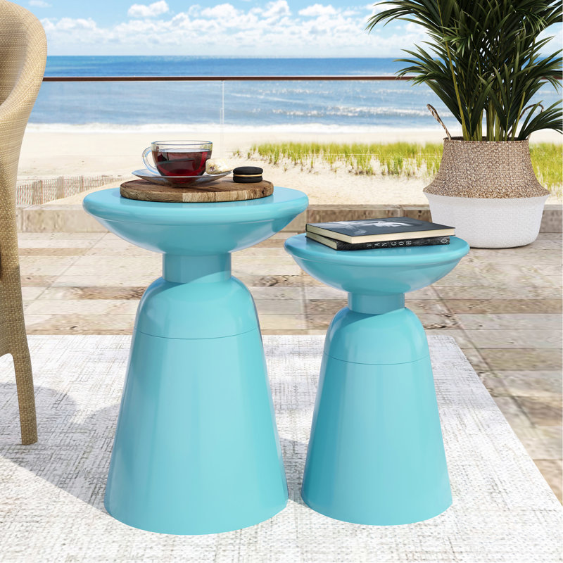 Stylish Outdoor Side Table , Iron Construction, Teal Color, With Pedestal & Flared Design, 15"X15"X20.64" 12"X12"X17.25 In Teal, Powder-Coated, 12"X12"X17.25", Modern For And