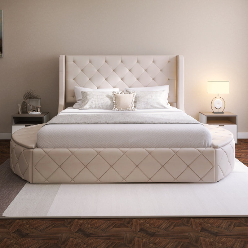 Lit plateforme tapissier avec grand lit et rangement en velours, Beige
