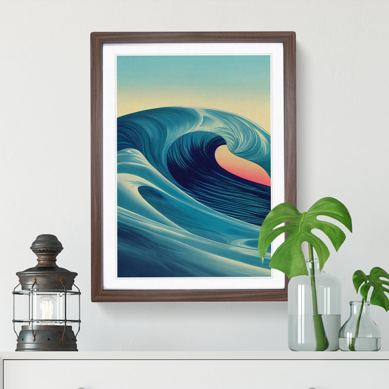 Sunset Ocean Wave No.1 - Single Picture Frame Painting, 34cm H x 25cm W x 2cm D, Walnut Framed