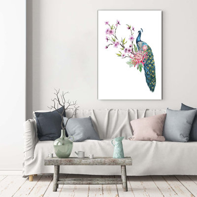 Peacock And Flowers - Wrapped Canvas Print