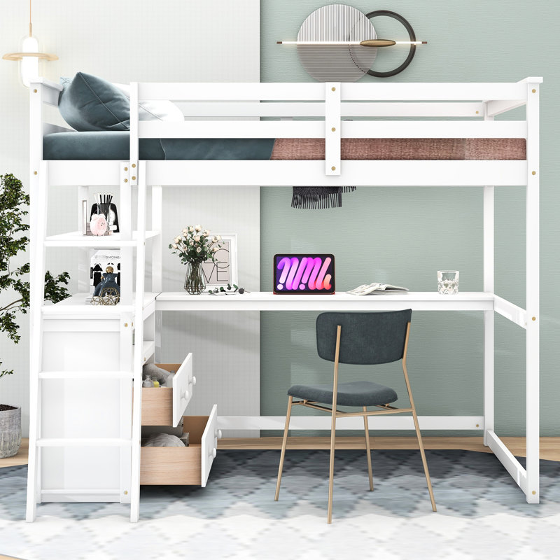 Lit mezzanine double en blanc avec bureau, tablettes et tiroirs - Pièce de chambre fonctionnelle et robuste, Lit double