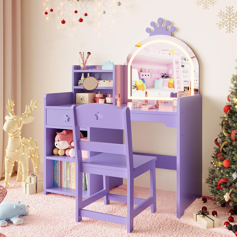 Vanity with Lighted Mirror - 2 in 1 Princess Toddler Vanity Table and Chair Set, Wooden Makeup Vanity with Open Bookshelf, Storage Cabinet & Shelves