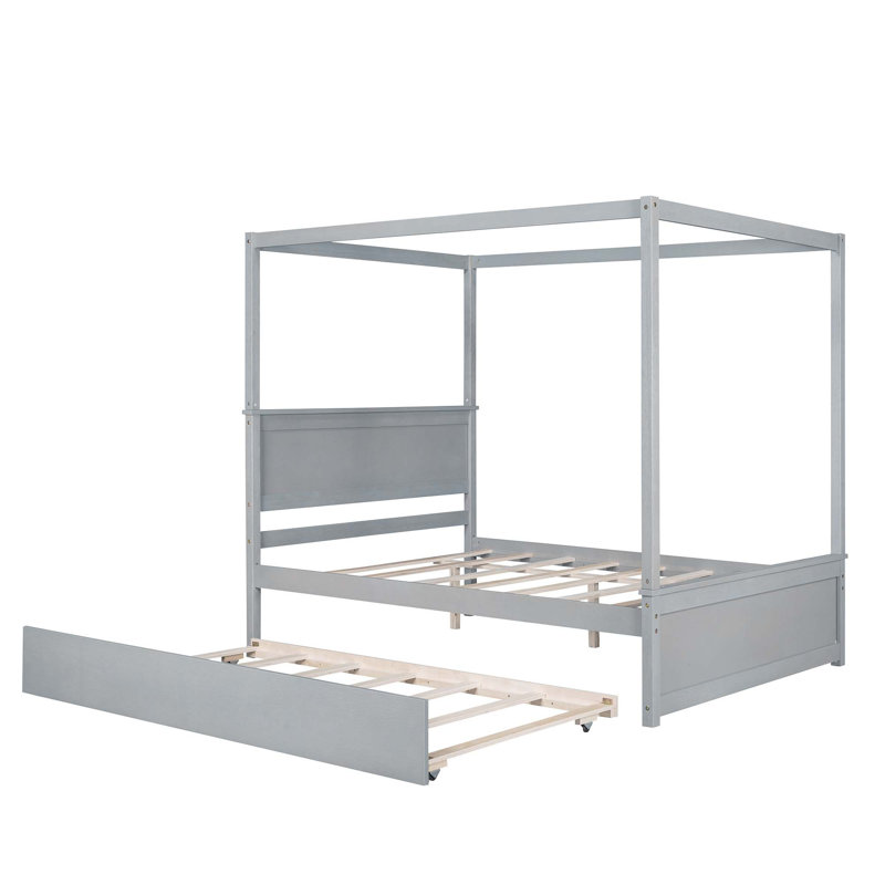 Wood Canopy Bed With Trundle Bed, Gray