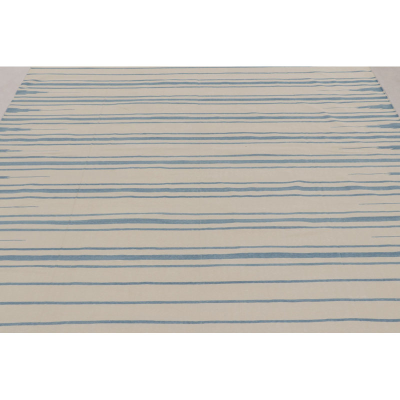 Rug & Kilim’S Indian Dhurrie Rug In Ivory And Blue Stripes