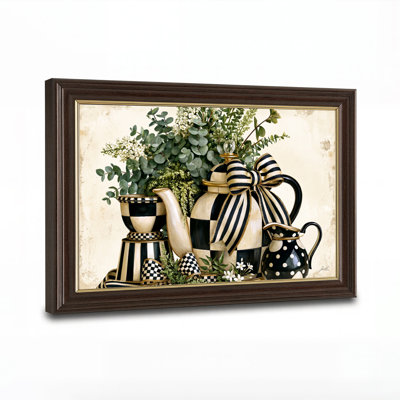Black And White Checkered And Striped Teapots With Greenery Canvas Wall Art