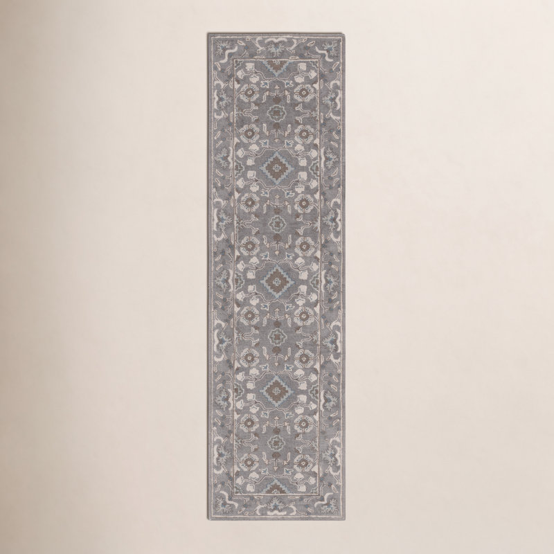 Tapis gris en laine fait à la main Tansy, Tapis de couloir 2 pi 3 po x 10 pi