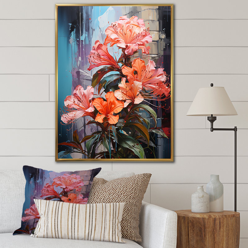 Éclat de hibiscus de couleur tropicale sur toile, Cadre flottant doré, H 44 po x l 34 po x P 1,5 po