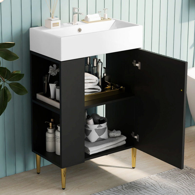 Meuble-lavabo de salle de bain avec lavabo en céramique, Noir, noir, noir, noir