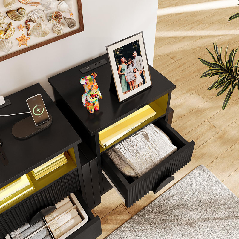 Lark Manor™ 2-Drawer Fluted Nightstand With With Charging Station And Led Light,With H Metal Legs Bedside Table(Set Of 2)