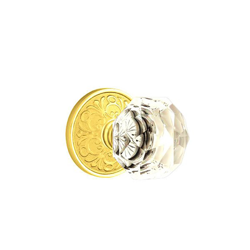Ensemble de faux boutons Emtek avec rosette Lancaster et bouton en verre Diamond, Laiton poli à vie