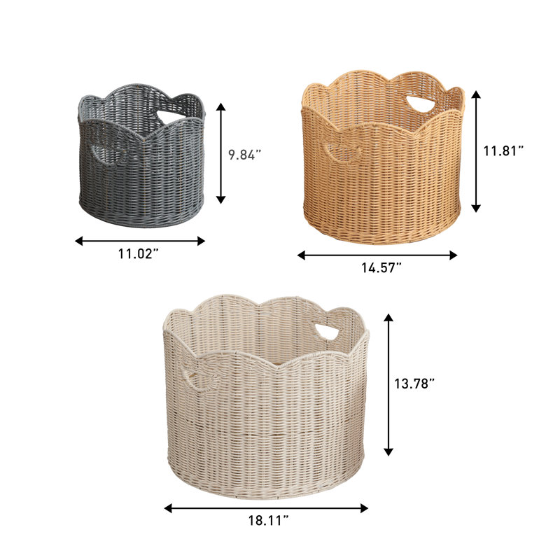 Maris Contemporary Cottage Resin/Metal Scalloped Edge Nesting Storage Baskets with Handles (Set of 3), Almond/Natural/Gray