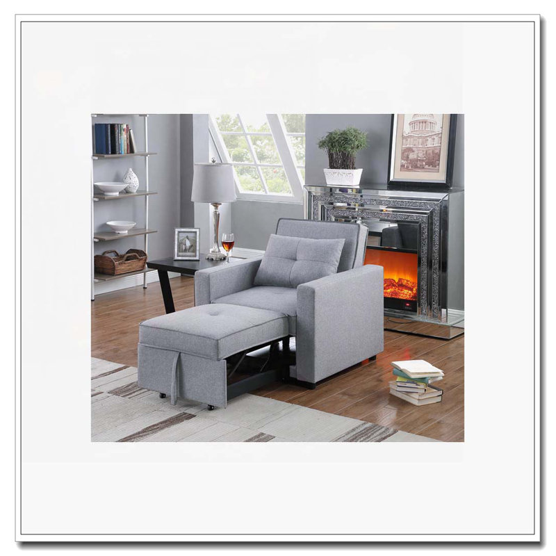 Zoey 33.25" Light Gray Linen Convertible Sleeper Chair with Side Pocket, Light Gray