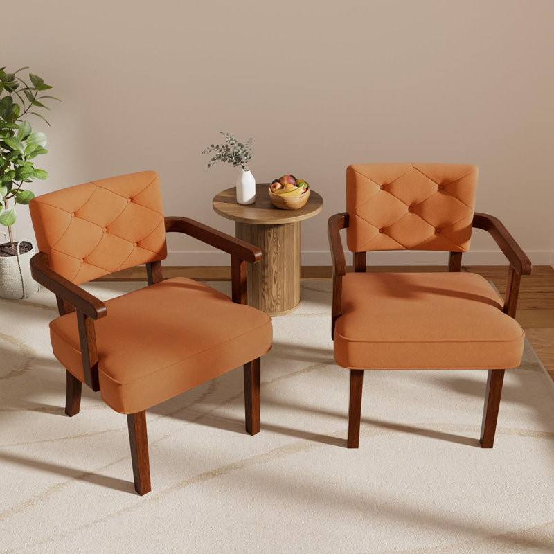 19" Tall Plush Corduroy Upholstered Solid Wood Lounge Chair (Set of 2), Orange