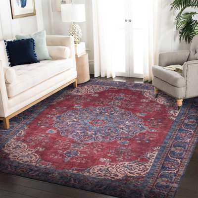 Tapis bleu marine à motif rétro tissé