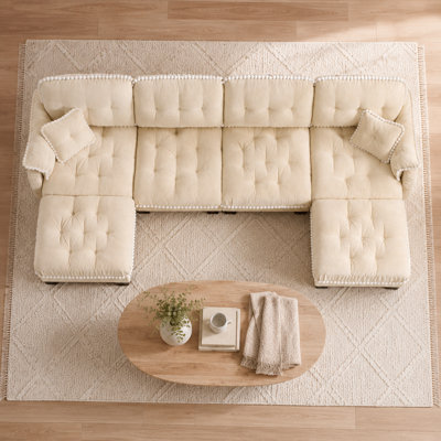 Casselman 4-Seater Chenille U-Shaped Sectional Sofa with 2 Movable Ottomans, Quilted Tufting, Pom-Pom Trim and 4 Pillows