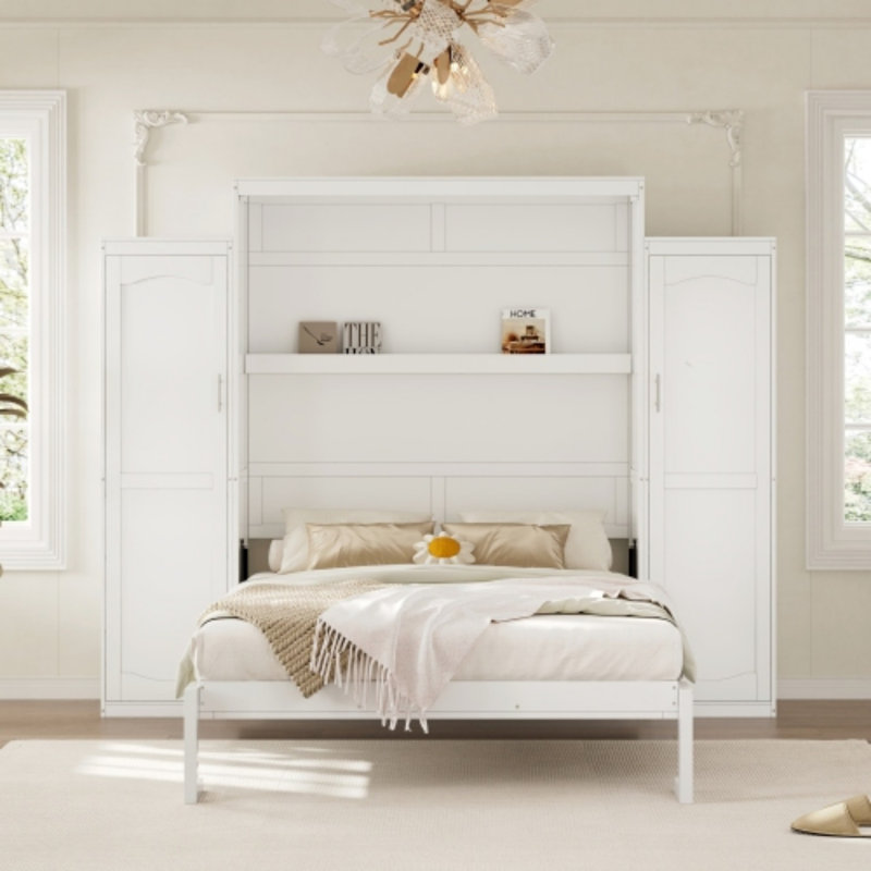 Murphy bed with 2 closets and storage shelves, multifunctional foldable platform bed frame