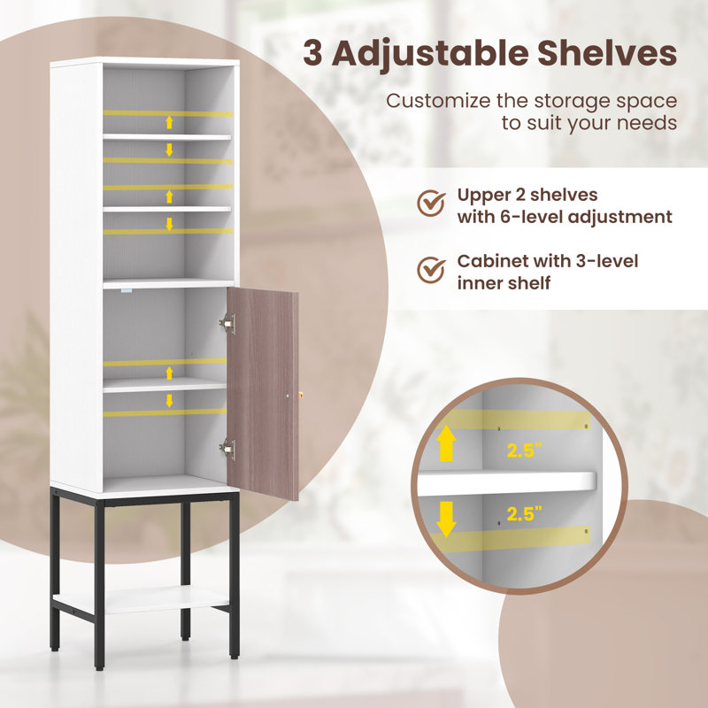 4.8FT Tall Bathroom Storage Cabinet, Freestanding Cupboard w/Door, Adjustable Shelves, White