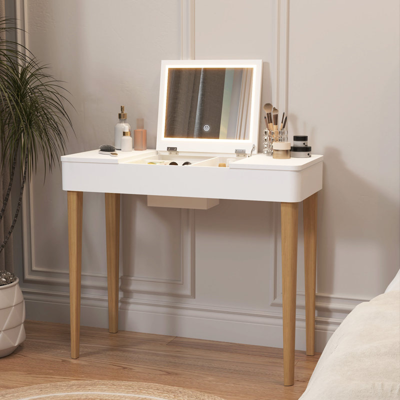 Miroir de salle de bain avec lumières et pieds en bois massif et miroir haute définition