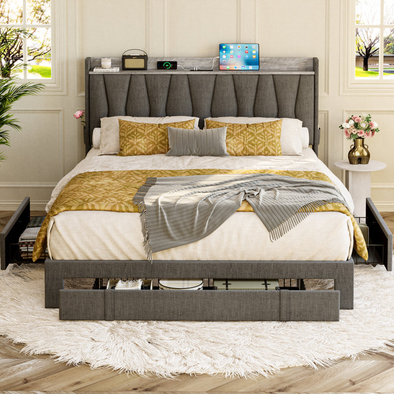 Gray Queen Upholstered Bed Frame with Storage and Charging Station
