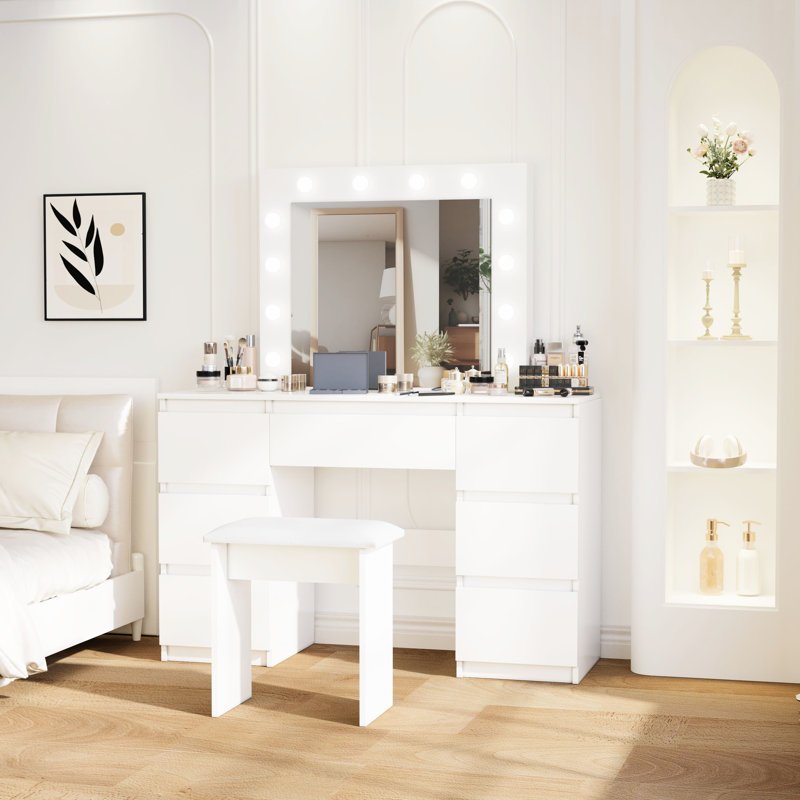 Coiffeuse blanc mat avec lumières et miroir
