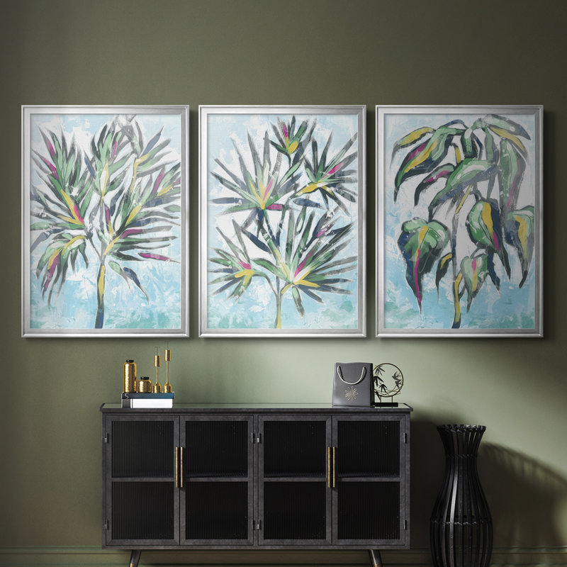 «Candy Palm Fresco II» - Toile tendue avec châssis sur mesure - 3 pièces, H 30 po x l 63 po, Argent argent