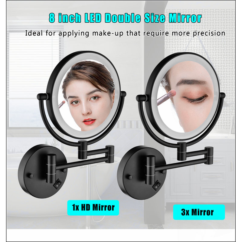 Miroir de meuble-lavabo mural à DEL grossissant à deux côtés avec extension de 12 pouces, finition noir mat pour une meilleure visibilité et durabilité