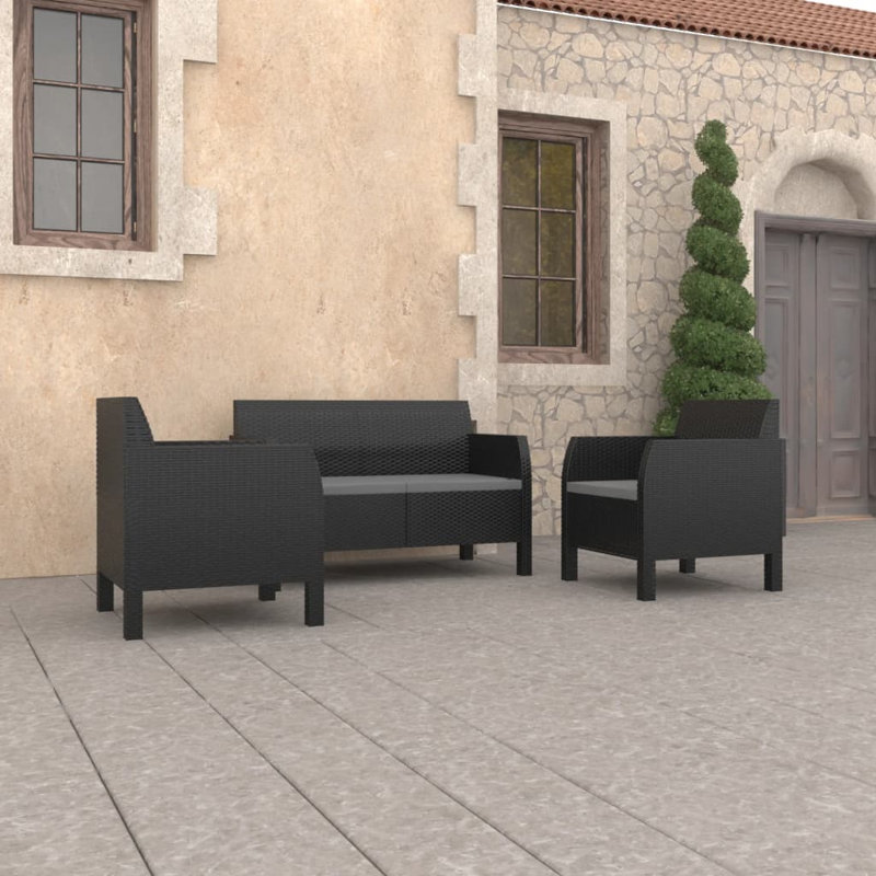 Ensemble de patio 3 pièces avec coussins PP rotin anthracite