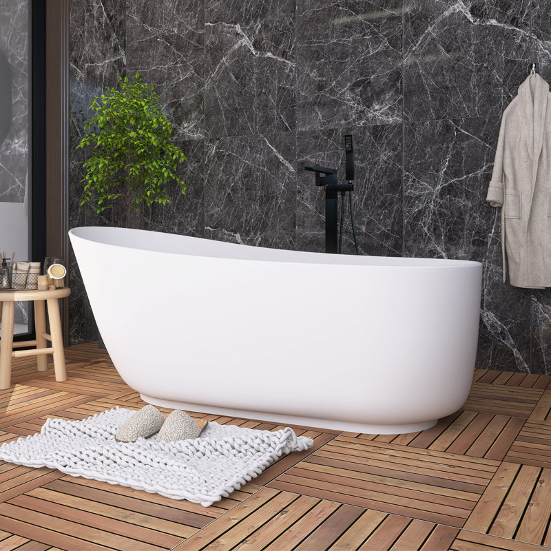 67" Solid Surface Freestanding Soaking Bathtub in Matte White