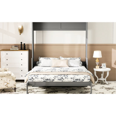 Lit grand format avec bureau, lumières à DEL, station de charge - gris, mur peu encombrant pour les petites pièces, design moderne et contreplaqué, assemblage facile