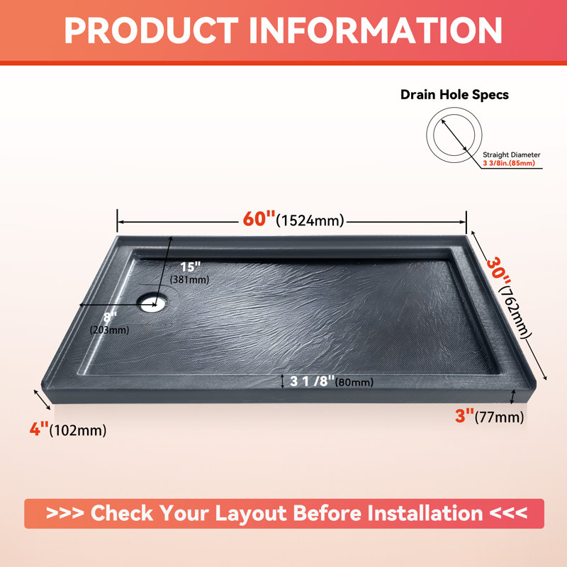 60" x 30" Single Threshold Alcove Shower Base with Left Drain, Integrated Flange and Low Profile Design, Gray, Left