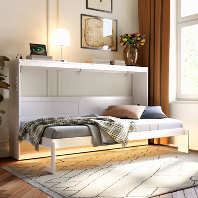 Lit escamotable moderne pliant sur le côté avec motif imprimé tendance, éclairage DEL sous le lit et prise USB intégrée
