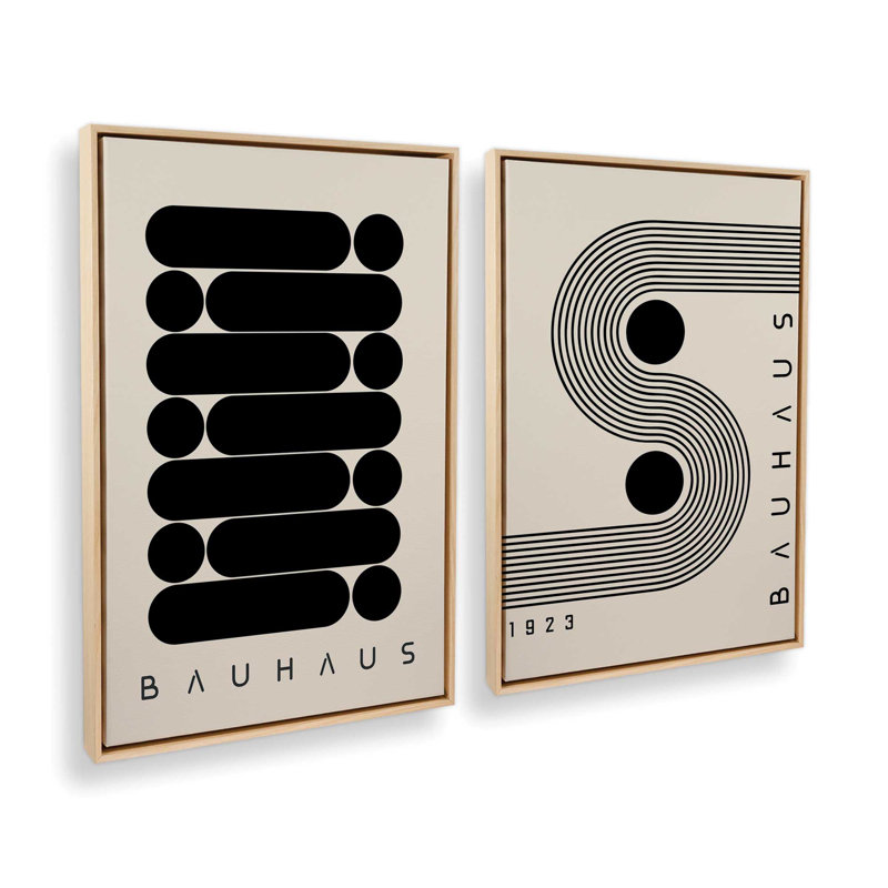 Ensemble de 2 impressions sur toile géométriques Bauhaus Energy, Cadre américain en érable flottant