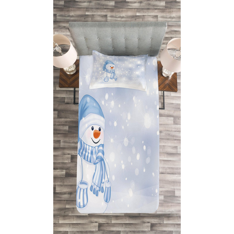 Snowman Cartoon Twin White Polyester Quilted Bedspread Set