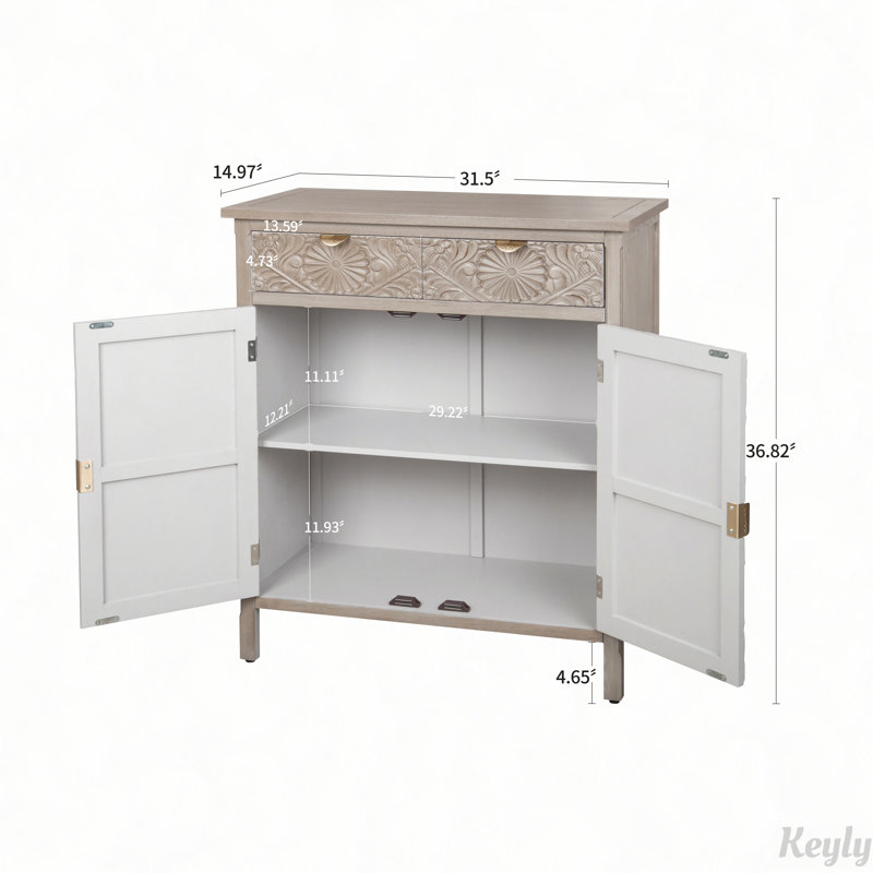 Meuble d'appoint sculpté à la main avec portes à motifs floraux en relief, Natural