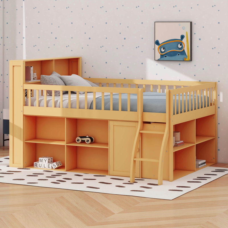 Lit mezzanine avec rangement, tête de lit avec lumière DEL, Double, Naturel
