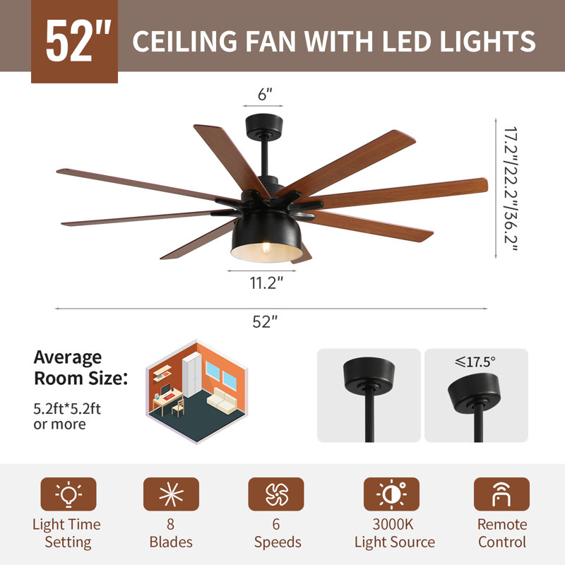 Bartling 52"/66" 8-Plywood-Blades Modern Ceiling Fan with Lighting Kit and Smart Remote, 52"